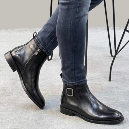 Chelsea leather ankle boots side buckled black colour