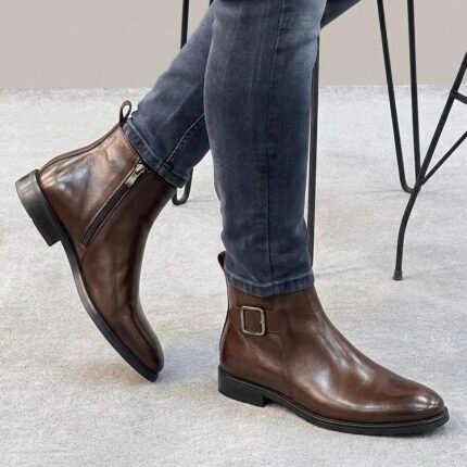 Chelsea leather ankle boots side buckled coffee brown colour
