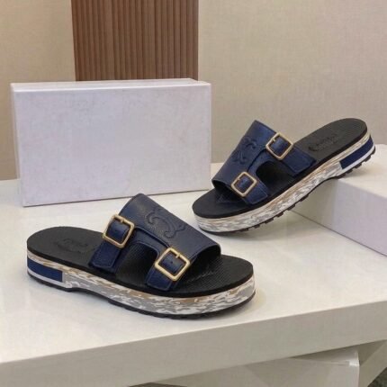 Double-straps chloe leather sandals navy blue