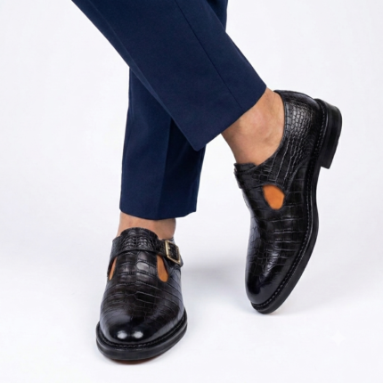 J.M Weston crocs effects straps shoe black